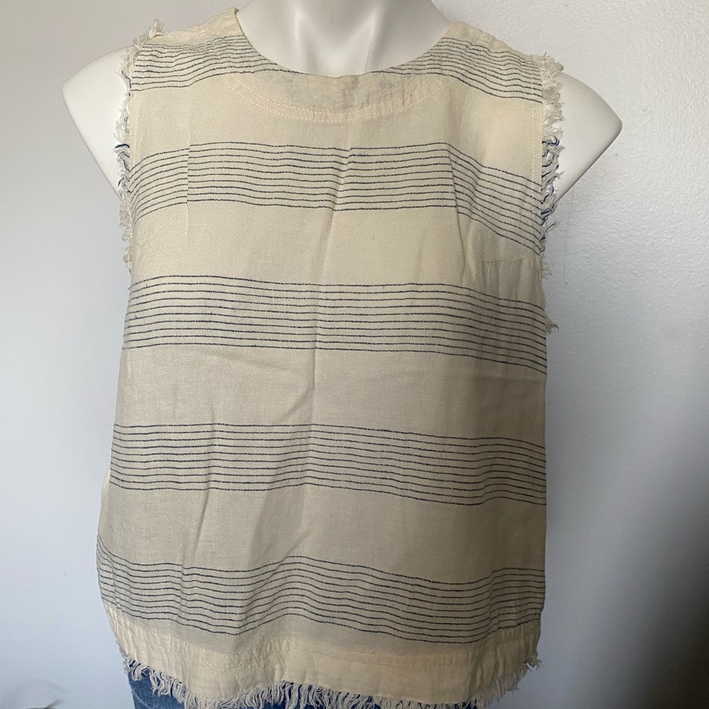 Carly Jean Los Angeles Cream Tank with Black Stripes and Frayed Trim